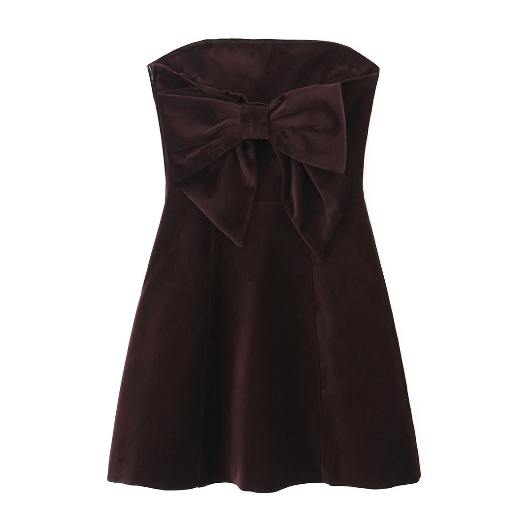 Women’s Burgundy Velvet Strapless Bow Back Mini Dress Party Dress