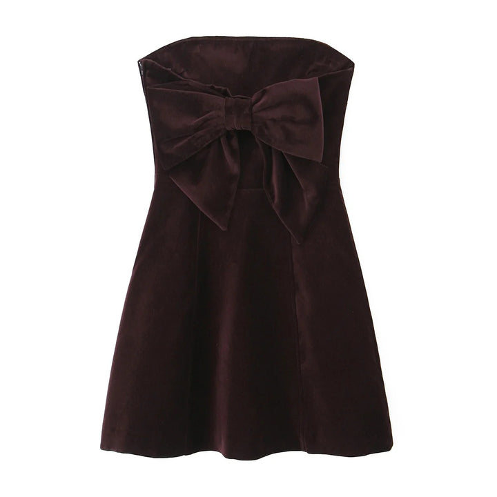 Women’s Burgundy Velvet Strapless Bow Back Mini Dress Party Dress