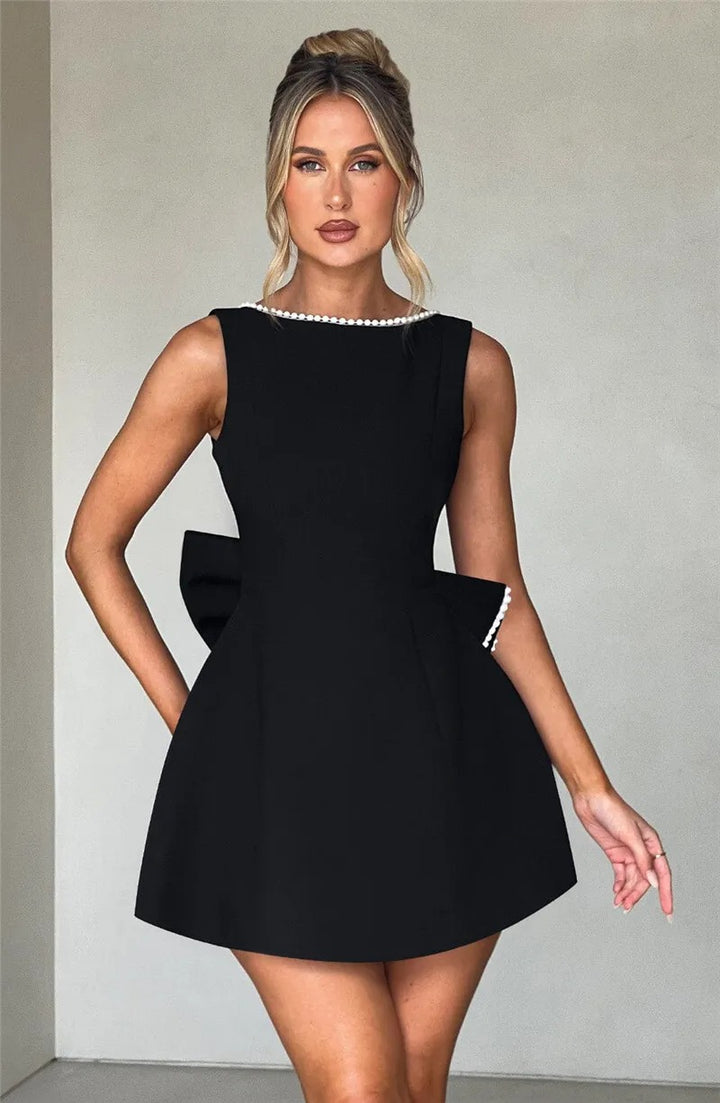 Women’s Black Party Pearl Mini Dress Elegant Bow Cocktail Evening Dress