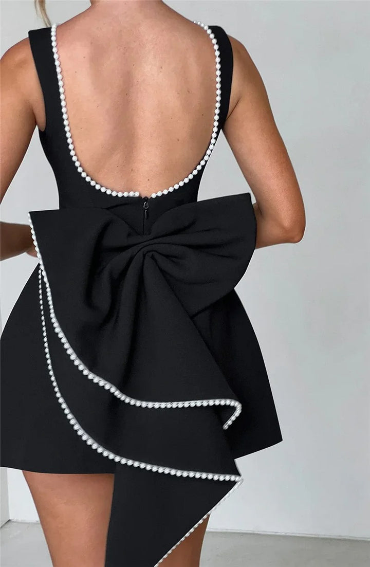 Women’s Black Party Pearl Mini Dress Elegant Bow Cocktail Evening Dress