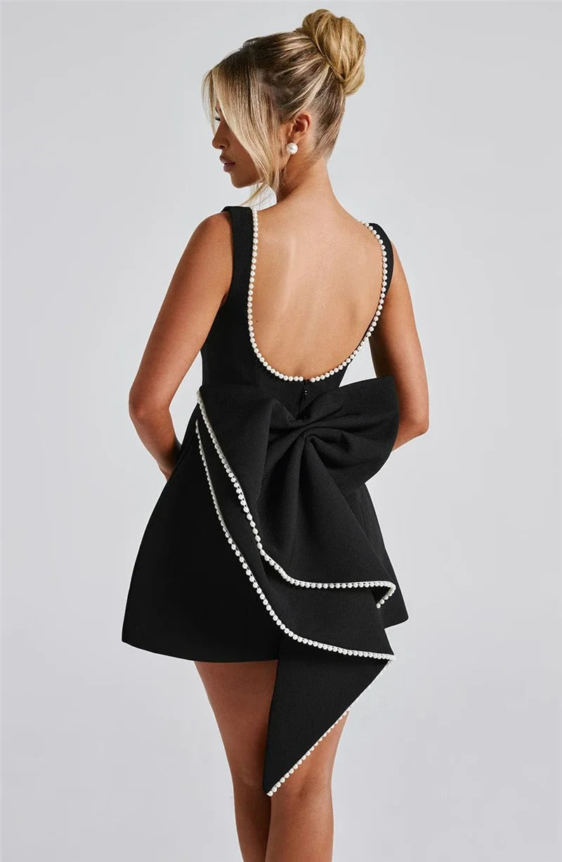 Women’s Black Party Pearl Mini Dress Elegant Bow Cocktail Evening Dress