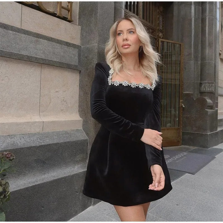 Women’s Black Velvet Mini Dress with Zirconia Trim – Elegant Square Neck Party Dress