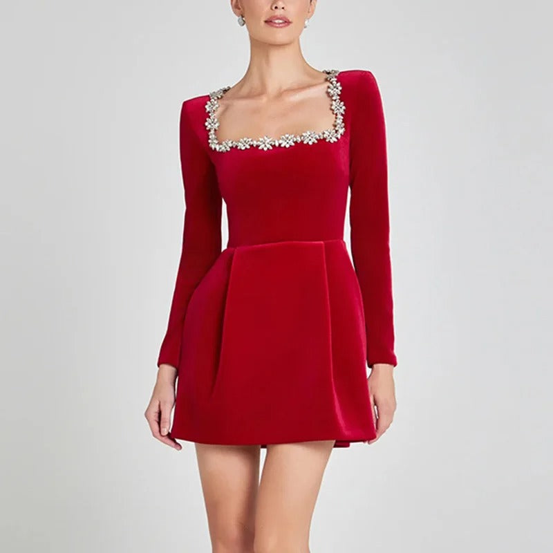Women’s Black Velvet Mini Dress with Zirconia Trim – Elegant Square Neck Party Dress