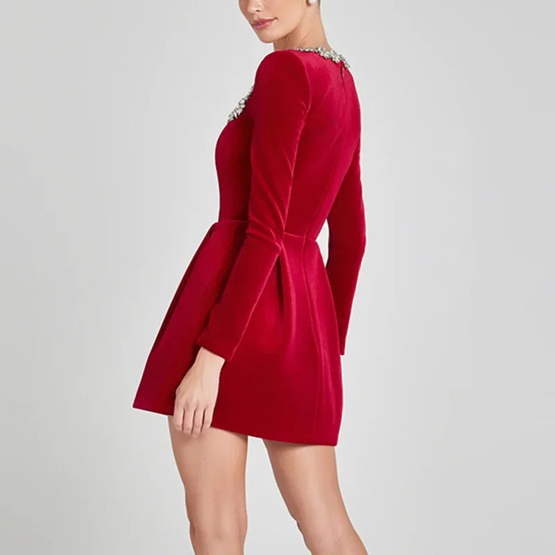 Women’s Black Velvet Mini Dress with Zirconia Trim – Elegant Square Neck Party Dress