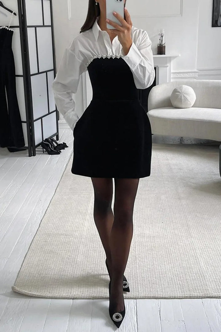 Women’s Velvet Mini Dress with Pearl Straps