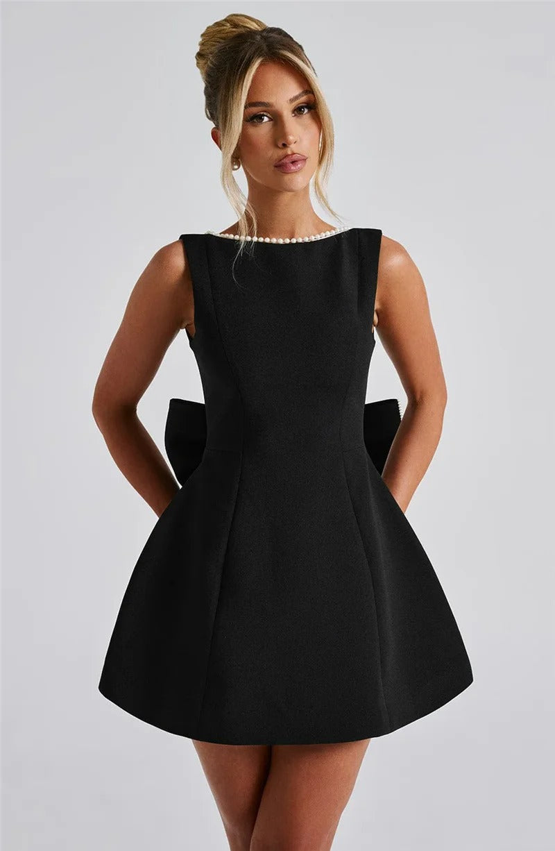 Women’s Black Party Pearl Mini Dress Elegant Bow Cocktail Evening Dress