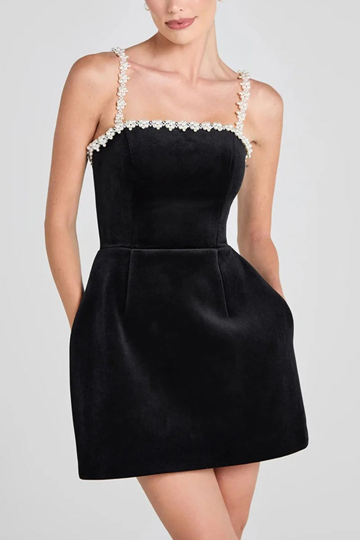 Women’s Velvet Mini Dress with Pearl Straps