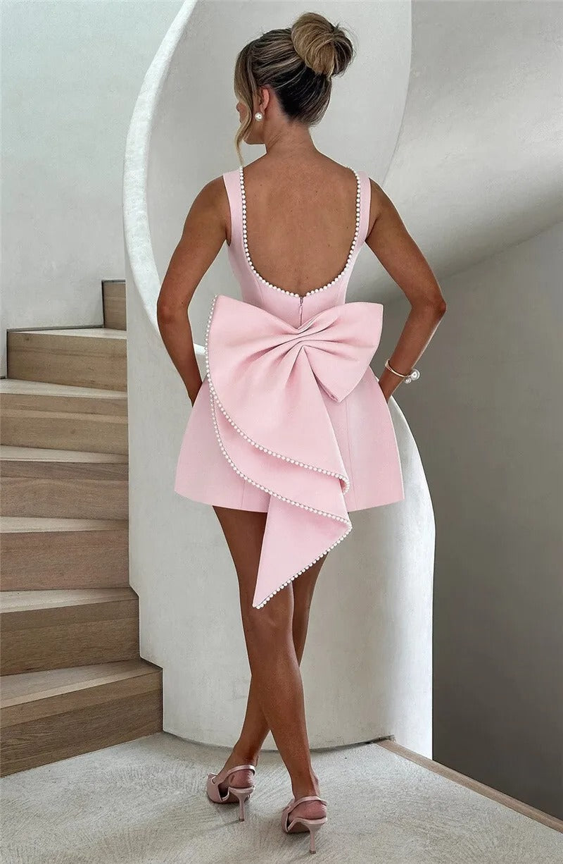 Women’s Black Party Pearl Mini Dress Elegant Bow Cocktail Evening Dress