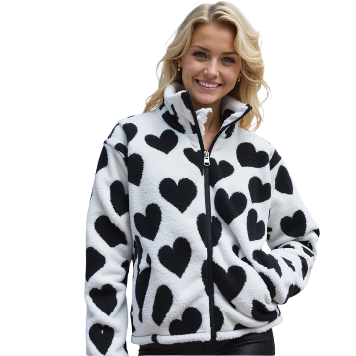Women’s Fleece Lined Reversible Jacket with Heart Pattern