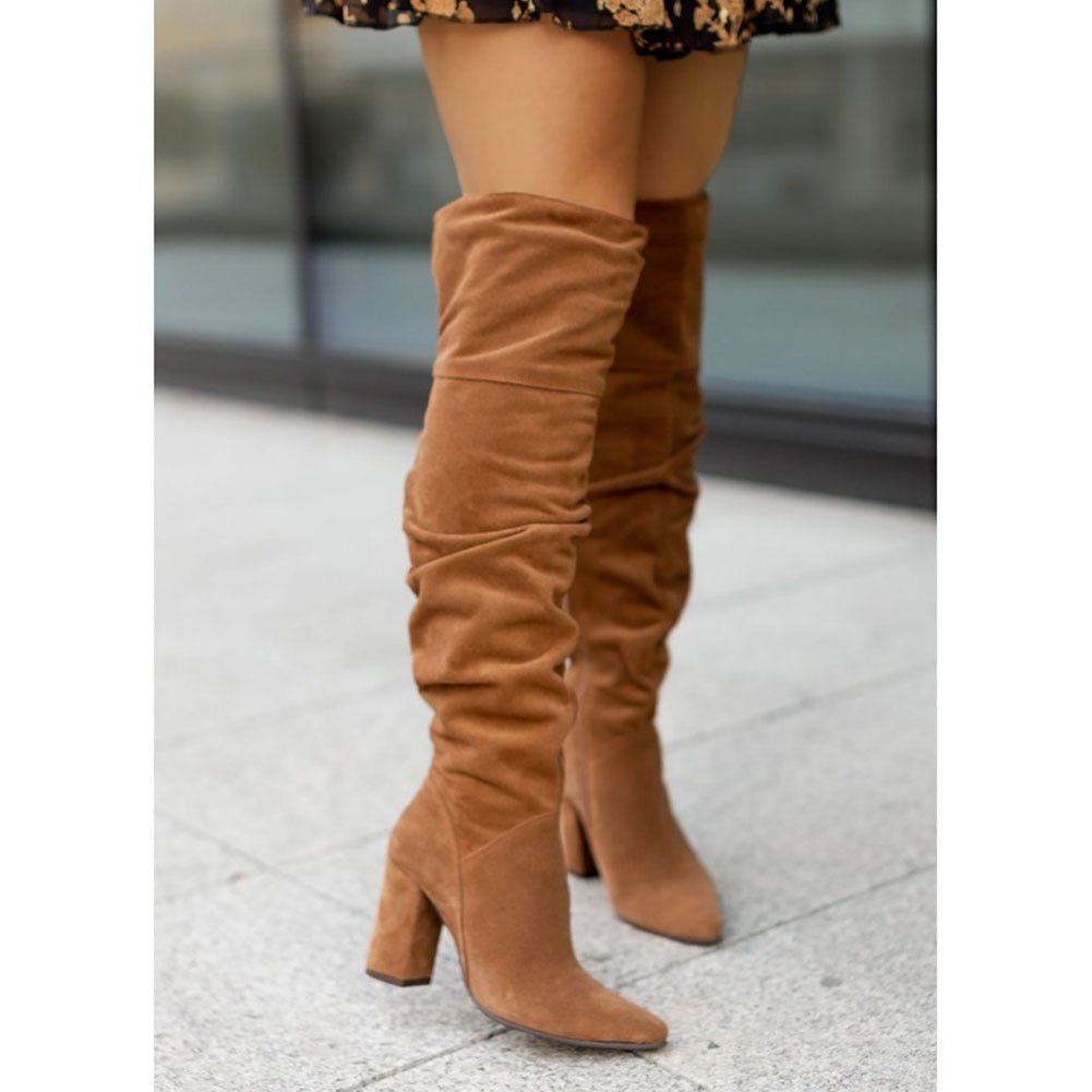 Women’s Warm Suede Over the Knee Boots – Block Heel Winter Thigh High Boots