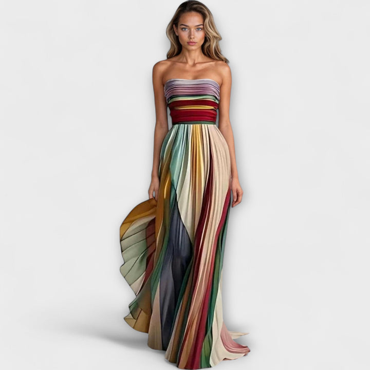 Elsie | Women’s Strapless Pleated Rainbow Maxi Dress
