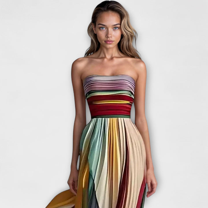 Elsie | Women’s Strapless Pleated Rainbow Maxi Dress