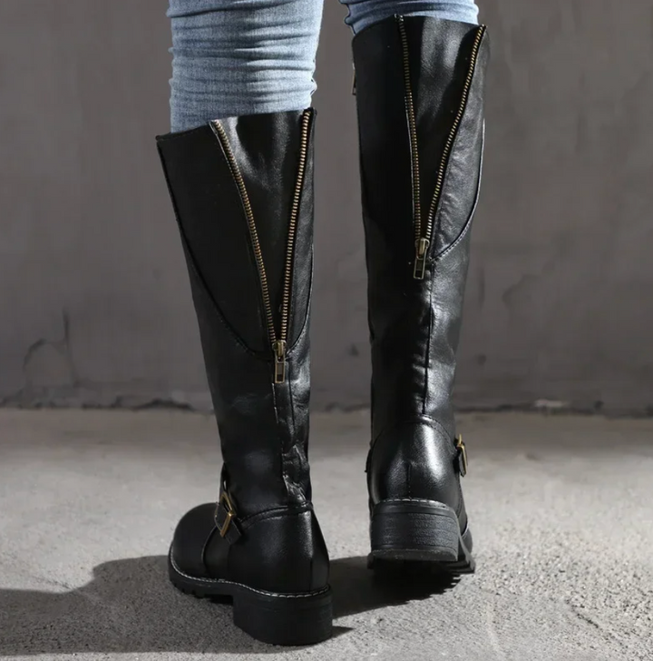 Women's Knee High Boots with Buckle Strap and Low Block Heel