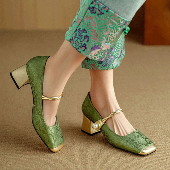 Nancy | Women’s Gold Square Toe Pearl Strap Heels