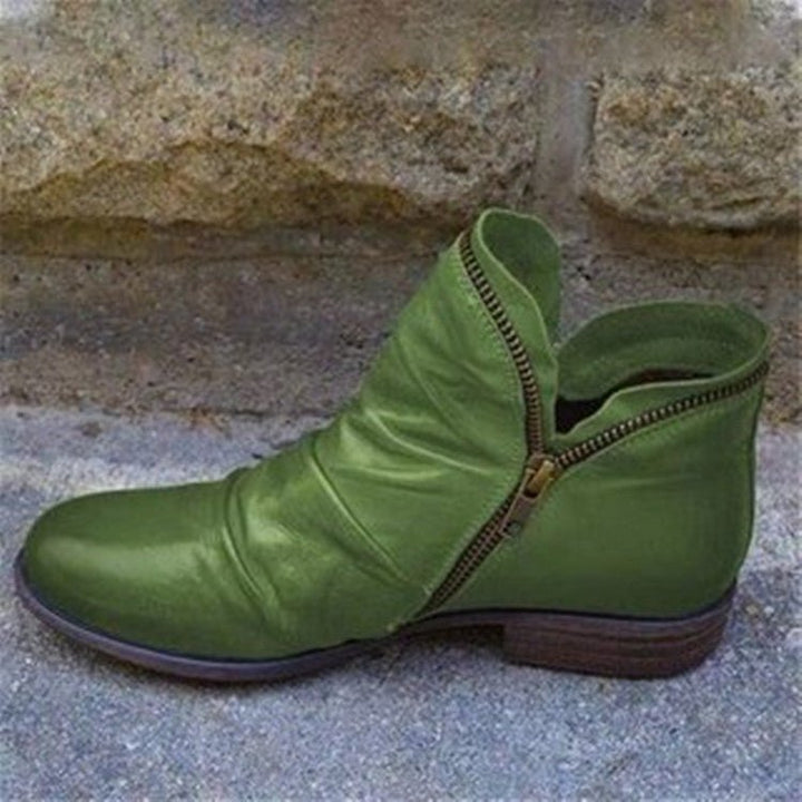 Women’s Side-Zip Ankle Boots with Low Heel and Ruched Detailing