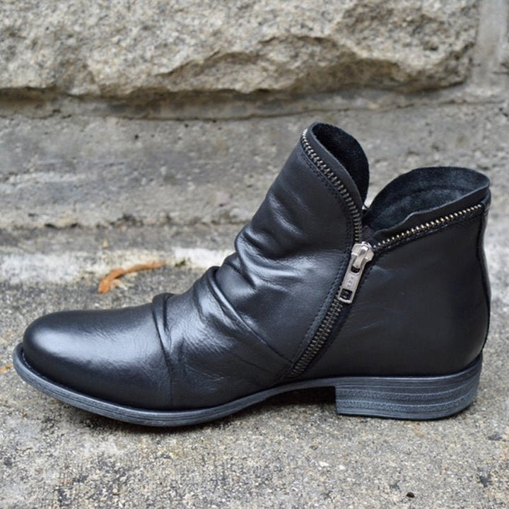 Women’s Side-Zip Ankle Boots with Low Heel and Ruched Detailing