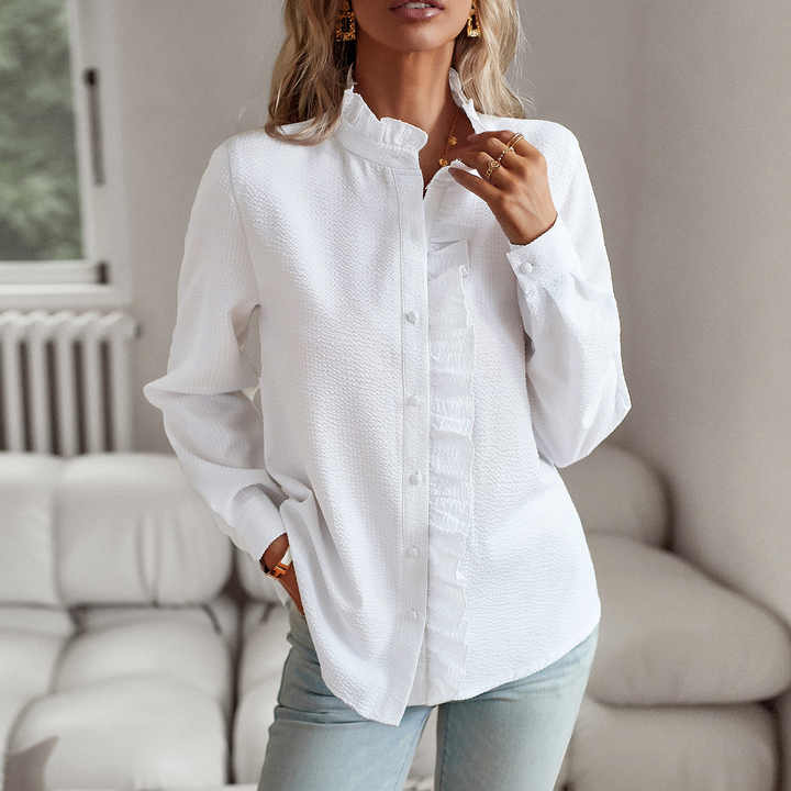Women’s Ruffle Trim Textured Blouse – Long Sleeve Button Top
